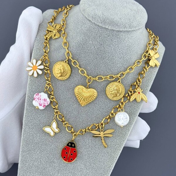 Waterproof Hypoallergenic Gold Plated Charm Necklace - Bow & Coin