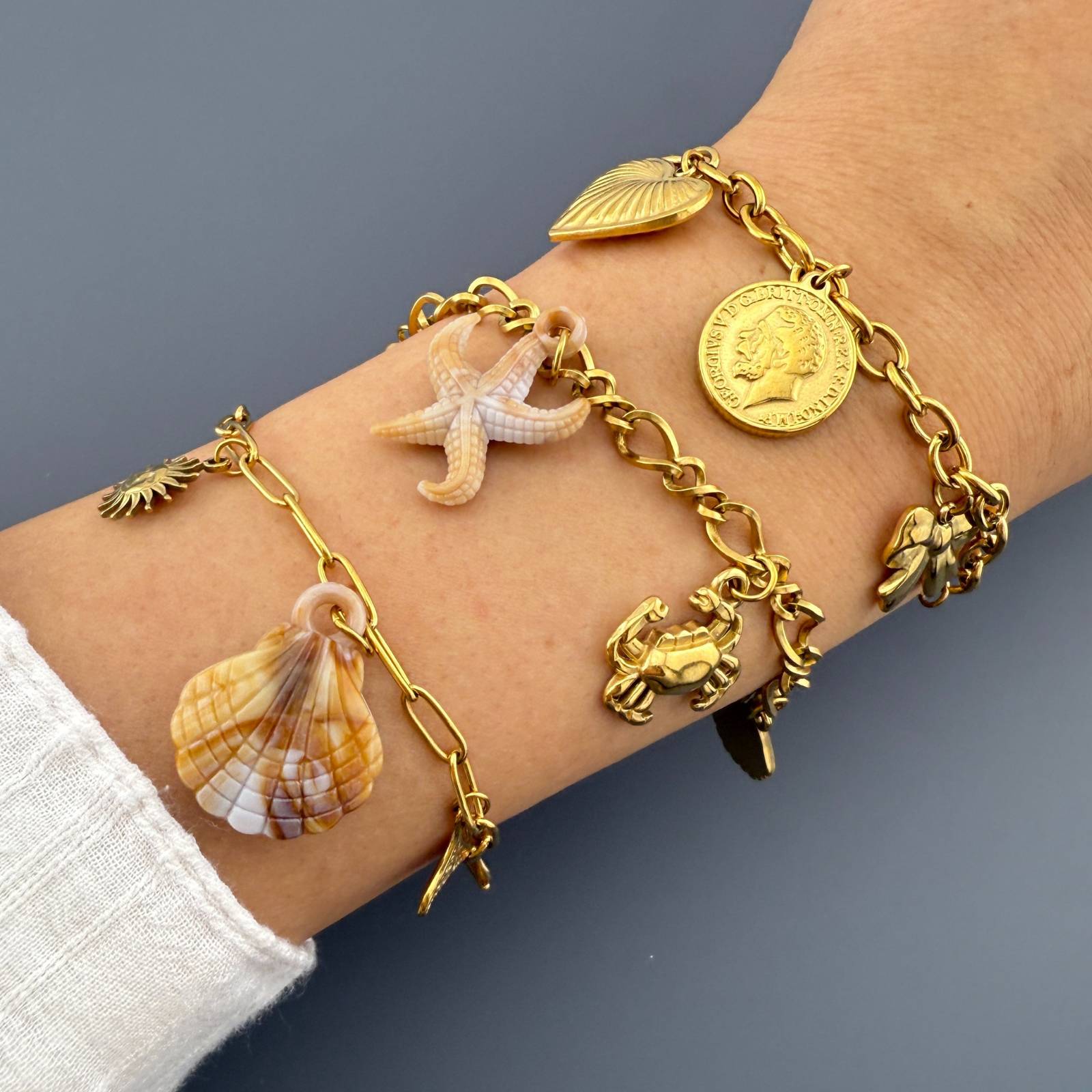 Waterproof Gold Heart & Coin Charm Bracelet