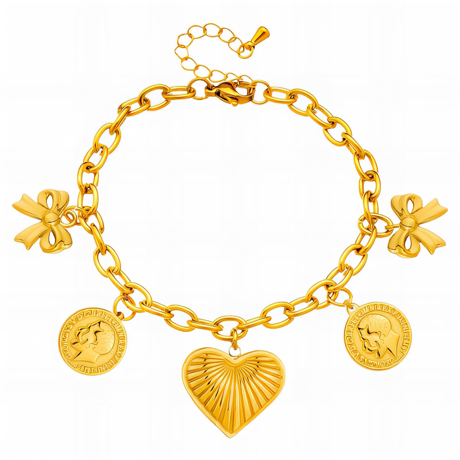 Waterproof Gold Heart & Coin Charm Bracelet