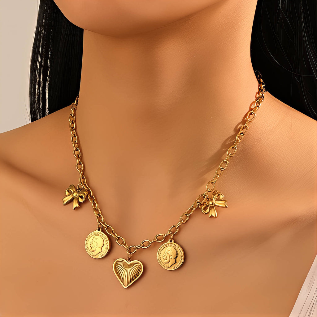 Waterproof Hypoallergenic Gold Plated Charm Necklace - Bow & Coin