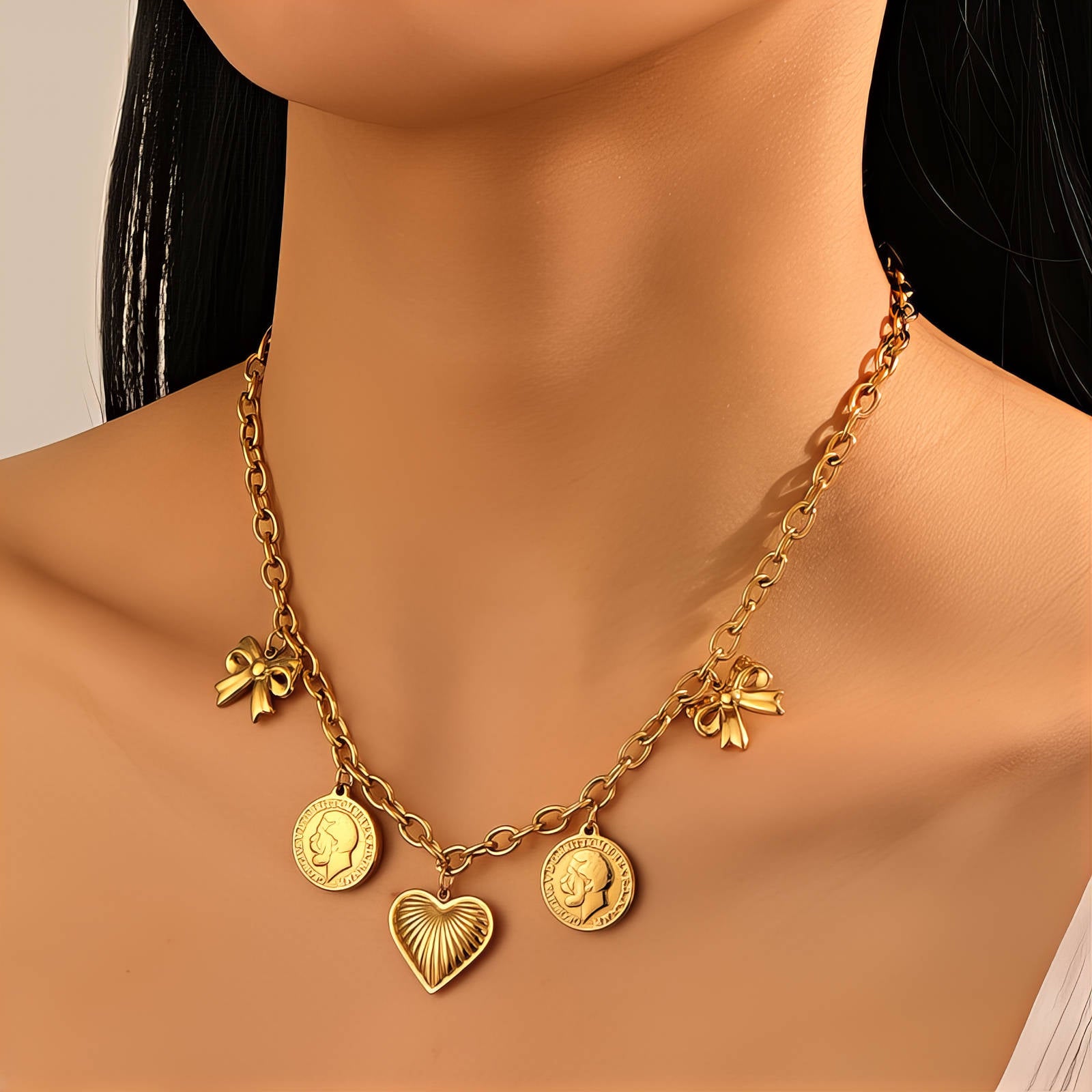 Waterproof Hypoallergenic Gold Plated Charm Necklace - Bow & Coin