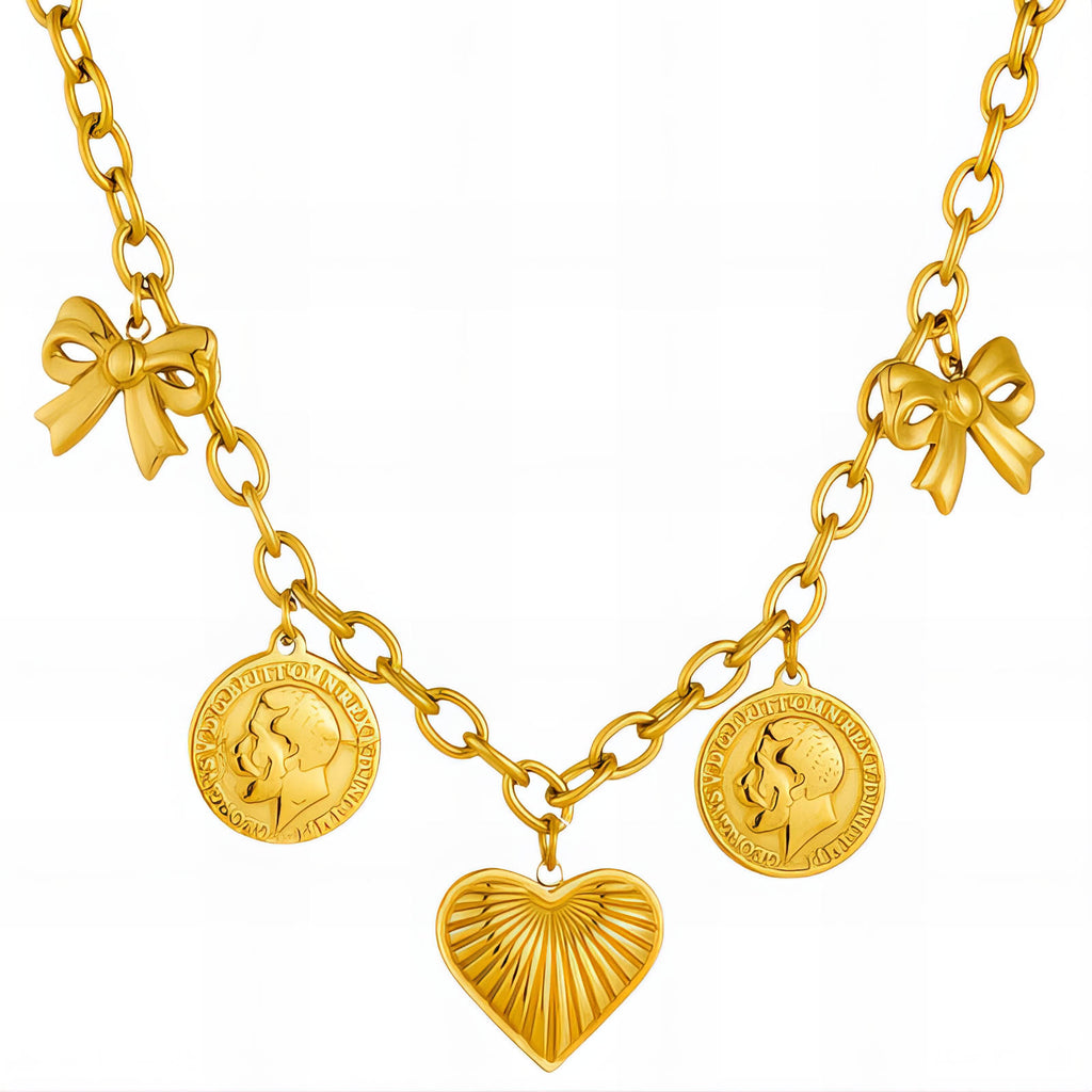 Waterproof Hypoallergenic Gold Plated Charm Necklace - Bow & Coin