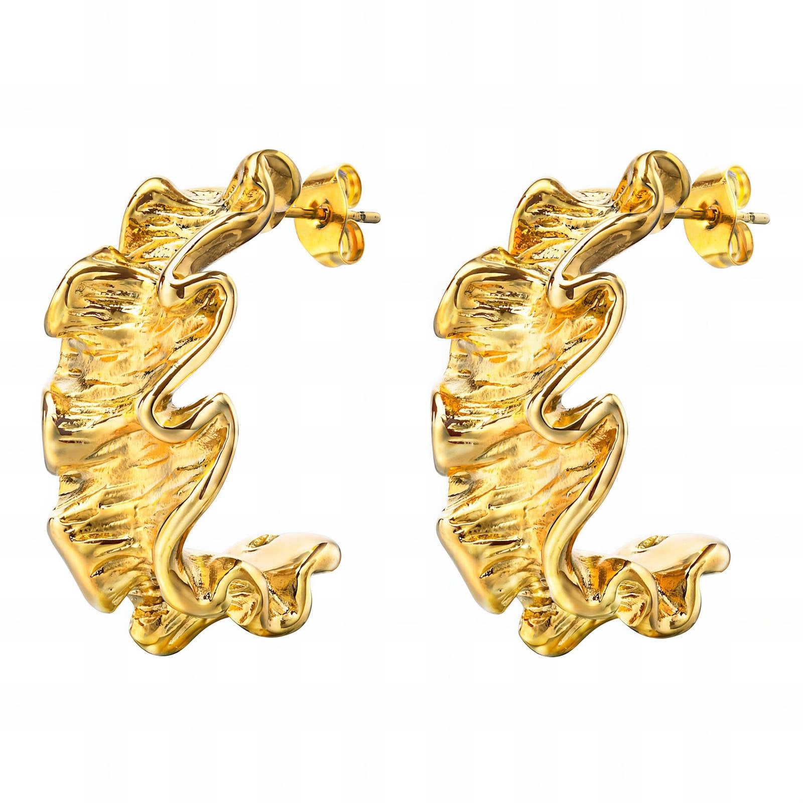 Waterproof Gold Plated Sculptural Ruffled Hoop Earrings