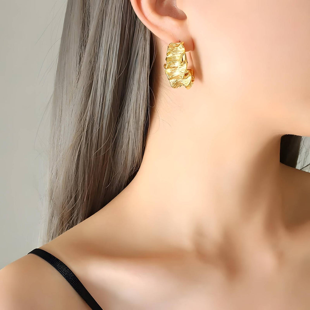 Waterproof Gold Plated Sculptural Ruffled Hoop Earrings